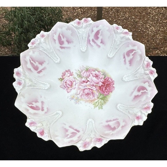 Stunning Antique RS Prussia Floral Flowers Molded Edge 10” Porcelain Bowl -O2